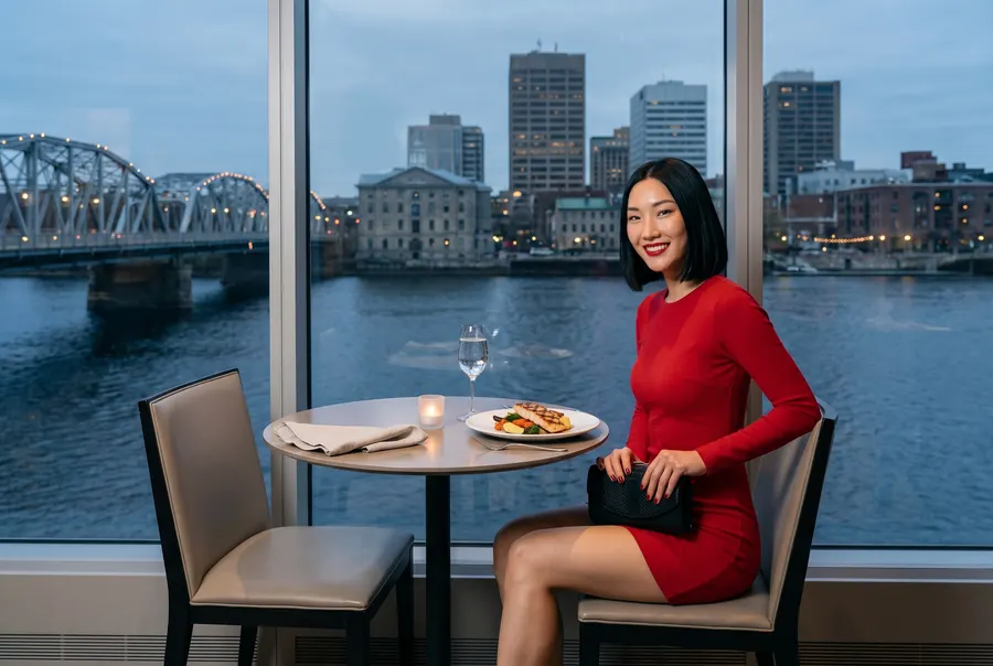 Élodie Chen à une table de restaurant devant une grande fenêtre, le fleuve, un pont et la ville au crépuscule ; image générée.